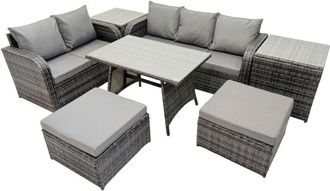Fimous 7 Seater Garden Outdoor Rattan Furniture Set Rattan Sofa Oblong Dining Table with 2 Side Tables 2 Big Stools Dark Grey - Fimous