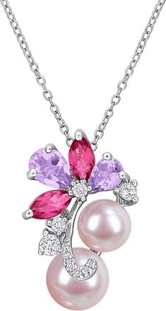 Rina Limor Silver 2.31 Ct. Tw. Rose De France, Multi-Color White Topaz & 8.5-9Mm Pearl Pendant Necklace