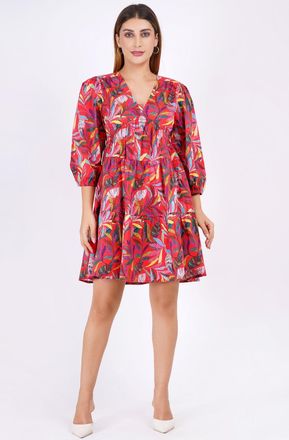 Leota Zariah Empire Waist Mini Dress Palm Foliage Poppy Red