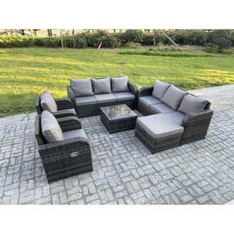 Fimous High Back Rattan Garden Furniture Set with Square Coffee Table Big Footstool Indoor Outdoor Patio Lounge Sofa Set Dark Grey Mixed - Fimous