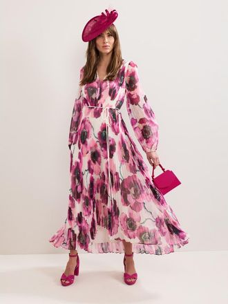 Phase Eight Natalia Floral Pleated Maxi Dress in Pink at Nordstrom, Size 14