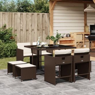 vidaXL Vidaxl - Set Comedor Para Jard&iacute;n 9 Pzas Y Cojines Rat&aacute;n Sint&eacute;tico Marr&oacute;n