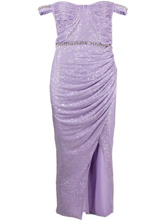 Self Portrait sequin-embellished off-shoulder midi dress - women - Polyester/Polyester/Spandex/Elastane/Spandex/Elastane - 10 - Purple