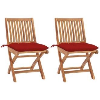 vidaXL Sillas De Jard&iacute;n 2 Uds Madera Maciza De Teca Con Cojines Rojos
