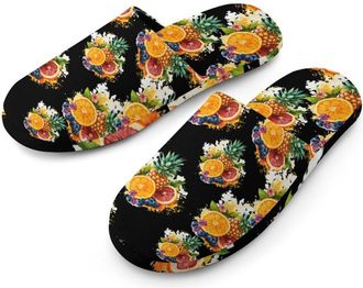 Generic Tropical Fruit Blueberry Pineapple Oranges Flannel Mens Slip-on Slippers Winter Warm House Shoes with Rubber Sole for Home Hotel