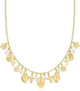 Ross-Simons Italian 18kt Gold Over Sterling Religious-Inspired Charm Necklace With 4.5-5mm Cultured Pearls
