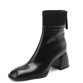 Generic Womens PU Leather Ankle Boots Square Toe Ribbed Knit Cuff Flared Block Heels Side Zipper Soft Lining Cushioned Insole Durable Non-Slip Outsole,Black,4