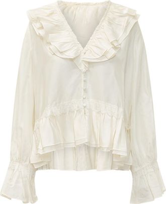 Ganni Off White Ruffle V Neck Top