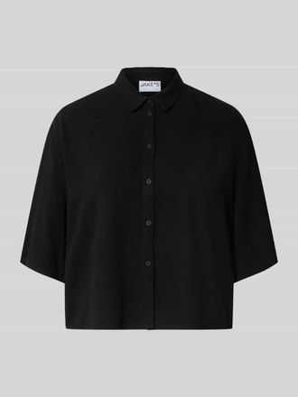Jake*s Casual Boxy Fit Bluse aus Viskose-Leinen-Mix im Allover-Look in Black, Gr&ouml;&szlig;e 34