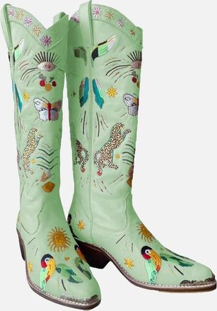 Oceanus Womens Willow Embroidered Leather Boots - Multi Colour - Green - Size: 10
