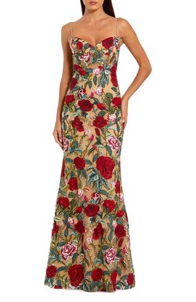 Mac Duggal Floral Embroidered Off The Shoulder Gown in Nude Multi at Nordstrom, Size 10