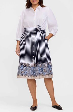 Foxcroft Esther Belted Stripe & Paisley Print Shirtdress in White Multi at Nordstrom, Size 2 X