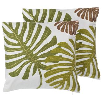 Beliani Beliani - Conjunto De Cojines Decorativos De Algod&oacute;n Con Patr&oacute;n De Hoja Verde 45 X 45 Cm Accesorio De Decoraci&oacute;n Con Motivo Tropical Zenobia