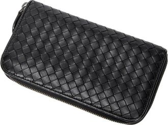 Bottega Veneta Black Intrecciato Leather Zip Around Wallet (Authentic Pre- Loved)