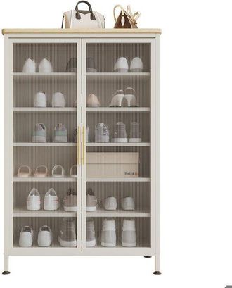 OEM Armario De Zapatos Met&aacute;lico Blanco Crema - Puertas De Vidrio Ondulado - Estantes Modulares - Vest&iacute;bulo De Entrada