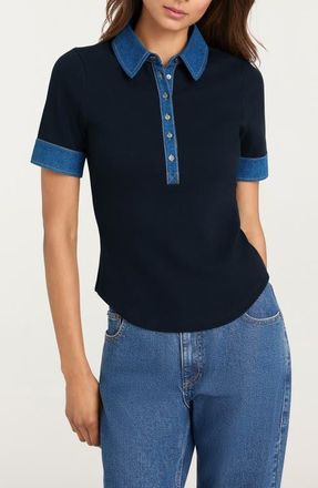 Cinq &agrave; Sept Denim Trim Rib Top in Navy/Medium Wash at Nordstrom, Size Large