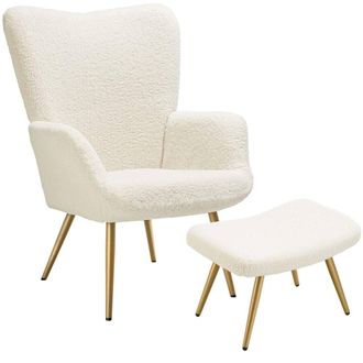 TecTake Armchair Hygge With Stool - Boucl&eacute; Cream/Gold in Cream