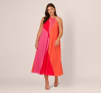 Adrianna Papell Plus Size Color Block Chiffon Trapeze Dress With Chain Halter Neckline In Red Multi