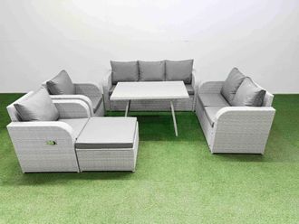 Fimous Outdoor Rectangular Table Sofa Set with Reclining Chair Big Stool in Light Grey