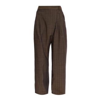 Ganni Broeken, Dames, Bruin, M, Wol, Pinstripe Wrap-Front Broeken