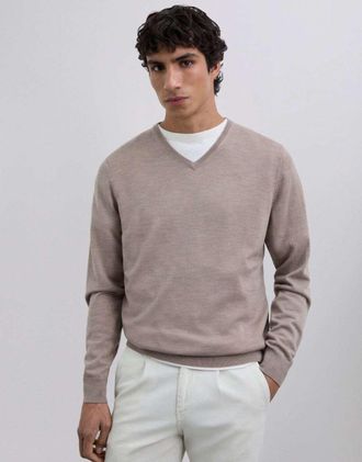 Scalpers Maglione color tortora classico in tricot con scollo a V-Neutro