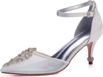 Generic Wedding Bridal Shoes Womens Low Heel Satin Ankle Strap Kitten Heel Pointed Toe Wedding Pumps Party Dress Shoes 7.5Cm,White,4 UK