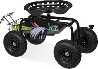 Relaxdays Relaxdays Asiento De Jard&iacute;n Con Ruedas Neum&aacute;ticas, Para Jardiner&iacute;a, Altura Regulable, 150 Kg, Almacenaje, Acero, Negro