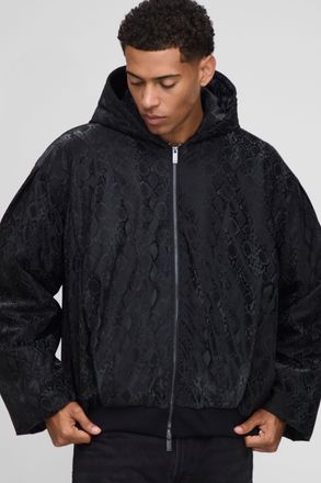 Boohooman Mens Oversized PU Snake Printed Hooded Bomber Jacket - Black - Size X-Small