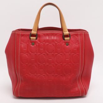 Carolina Herrera Red/beige Monogram Embossed Leather Tote
