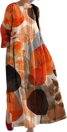 Generic Womens Boho Maxi Dress | 3/4 Sleeve Leaves Print Flowy Beach Maxi Dress | Oversized Sundress with Pocket Red Leaves XL