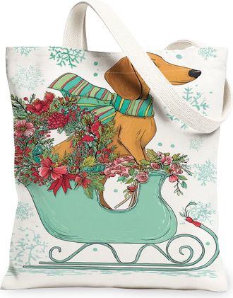 Generic Winter Floral Canvas Tote Bags, Dog Sleigh Design Reusable Grocery Bags, Vintage Holiday Lightweight Washable Shoulder Stra, White, 13x15 Inch