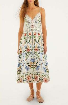 Farm Rio Garden Embroidered Linen Midi Sundress in Off-White at Nordstrom, Size Xx-Small