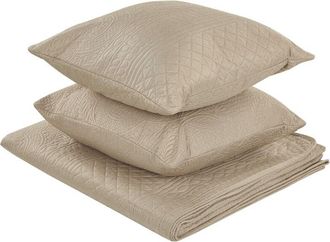 Beliani Colcha De Poli&eacute;ster Gris Pardo 160 X 220 Cm Manta Cojines Patr&oacute;n En Relieve Cl&aacute;sico Dormitorio Shush