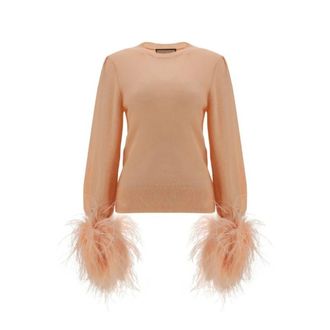 Gucci Round-neck Knitwear, female, Pink, Size: M Wool Sweater with Feathers Detail