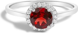 House of Brilliance 10K Gold Gemstone and 1/10 Cttw Diamond Halo Birthstone Ring in White | Red Garnet at Nordstrom, Size 6.5