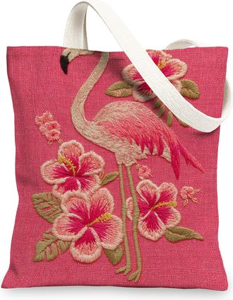 Generic Tropical Bird Floral Canvas Tote Bag, Lightweight Reusable Shoulder Bags, Embroidered Peach Beach Bags 13x15 Inch