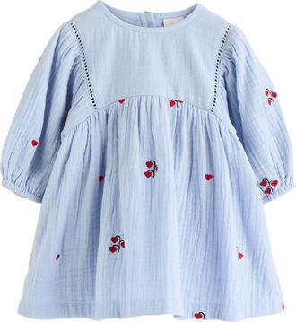 Next Embroidered Long Sleeve Cotton Gauze Dress in Blue at Nordstrom, Size 12-18M