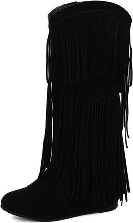 Generic Womens Suede Knee-High Boots Layered Fringe Decor High Wedge Heel Comfortable Round Toe Stylish Western Cowboy Style for Casual Party Daily Outfits,Bl