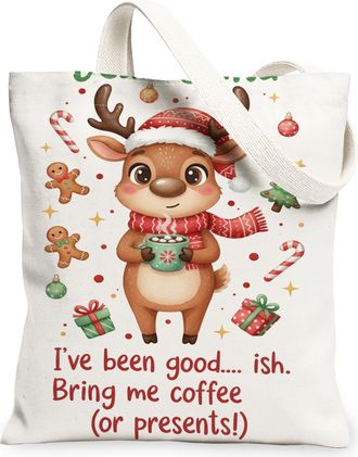 Generic Christmas Reindeer Canvas Tote Bags, Cute Animal Holiday Pattern Reusable Grocery Bags, Vintage Washable Shoulder Strap for, White, 13x15 Inch