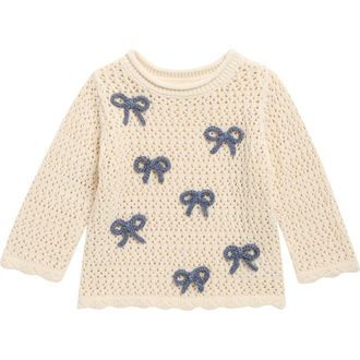 Rylee + Cru Braided Bow Appliqu&eacute; Cotton Pointelle Sweater in Natural at Nordstrom, Size 18-24M