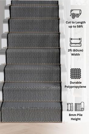 Kukoon Grey Herringbone Cut to Measure Stair Carpet Runner Rug | Size: 60 cm x 1770 cm
