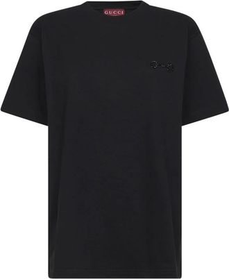 Gucci T-shirt van katoenen jersey met borduursel - Dames - T-shirts - Zwart - S - Katoen - Tops