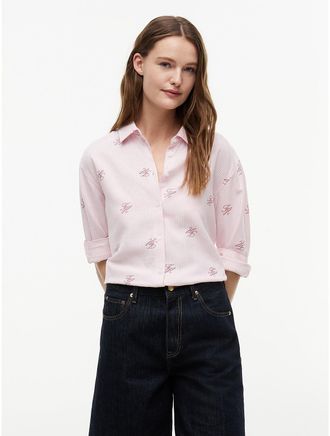 Tommy Hilfiger Womens Allover Monogram Linen-Blend Shirt - Pink - XL