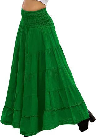 Generic Womens Cotton A Line Pleated Maxi Skirt Long Boho Gypsy Dance Skirts 2025