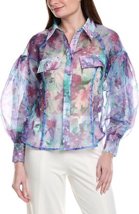 Gracia Floral Print Mesh Puffed Sleeve Shirt Top