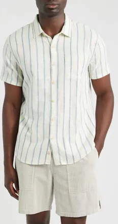 Marine Layer Classic Stretch Selvage Short Sleeve Button Up Shirt in Natural/navy Stripe at Nordstrom, Size Xx-Large