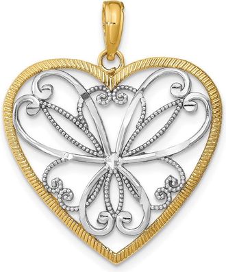 Diamond2Deal 14k Yellow Gold Rhodium Filigree Heart Charm