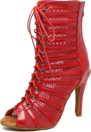 Minitoo Ladies Dance Boots Heels Elegant Mesh Prom Evening Ankle Sandals Shoes C008 Red 9.8cm Heel UK 7.5