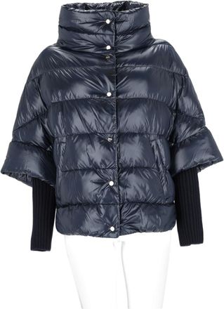 Herno Blue Ribbed Knit Sleeve Polyamide Down Coat