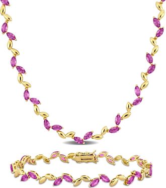 Mimi & Max 29 7/8ct TGW Created Pink Sapphire Leaf Necklace Bracelet Yellow Plated Sterling Silver